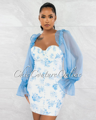 *Gerrie White Blue Floral Print Bubble Sleeves Mini Dress