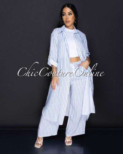 Dexina Blue White Front Buttons LINEN Maxi Dress