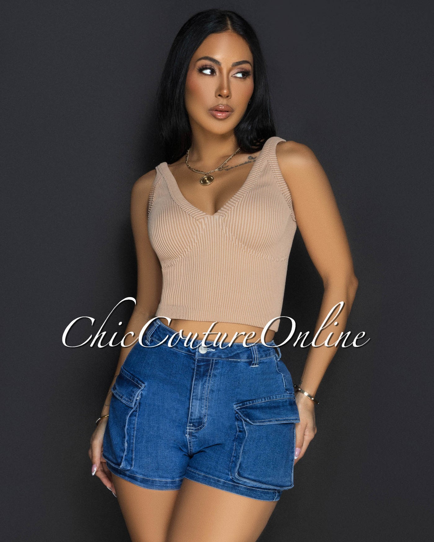 Lora Nude V Neck Ribbed Crop Top