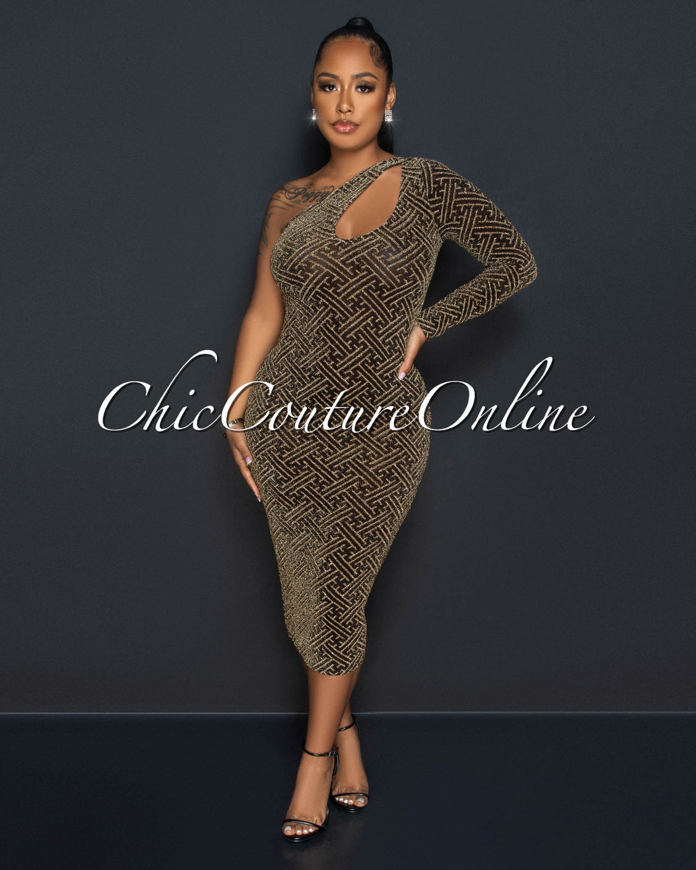 Josephine Black Gold Shimmer Mesh Sheer Dress