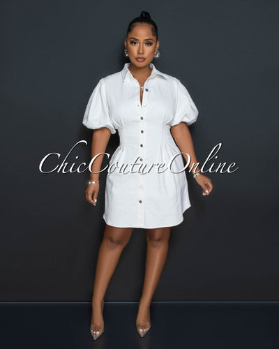 Harper Off-White Bubble Sleeves Pleated Denim Dress