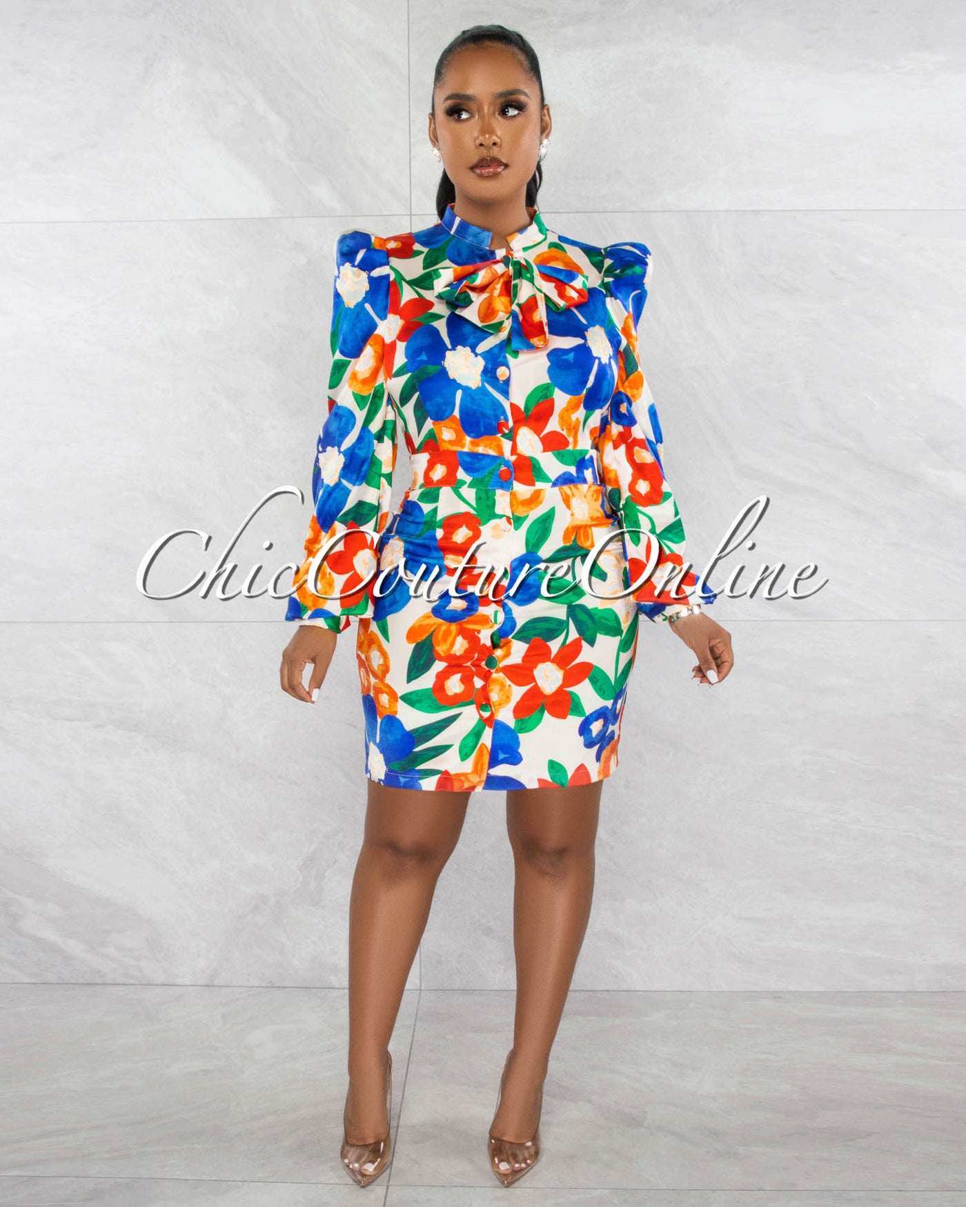 Jadden Cream Multi-Color Floral Print Buttoned Silky Shirt Dress
