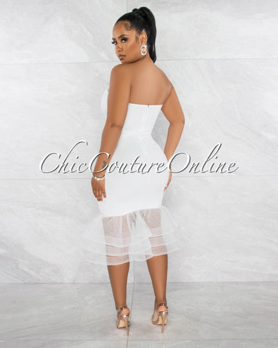 Kalani Off-White Dramatic Tulle Ruffle Hem Midi Dress