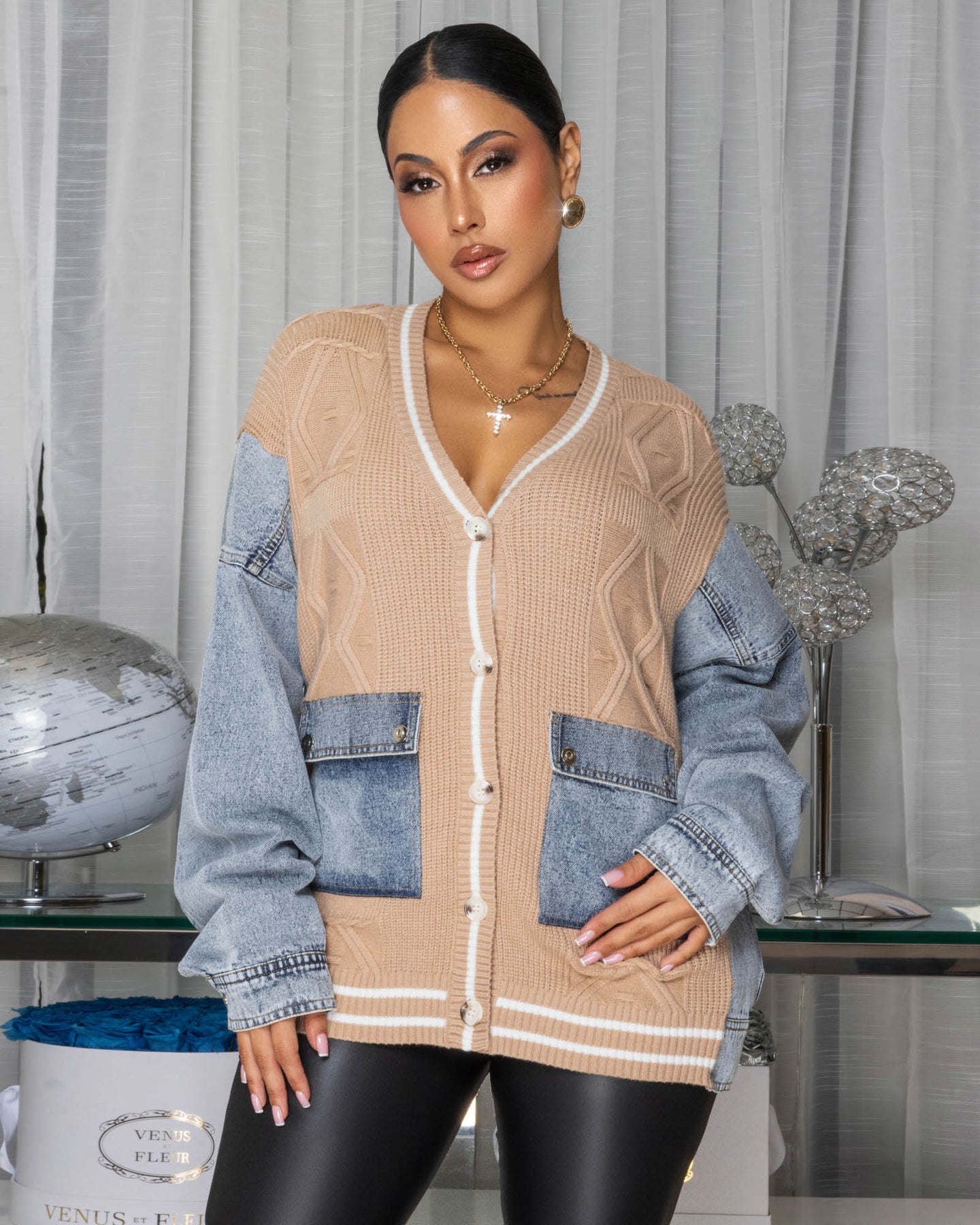 Siannie Blue Denim Taupe Knit ULTRA-LUXE Sweater