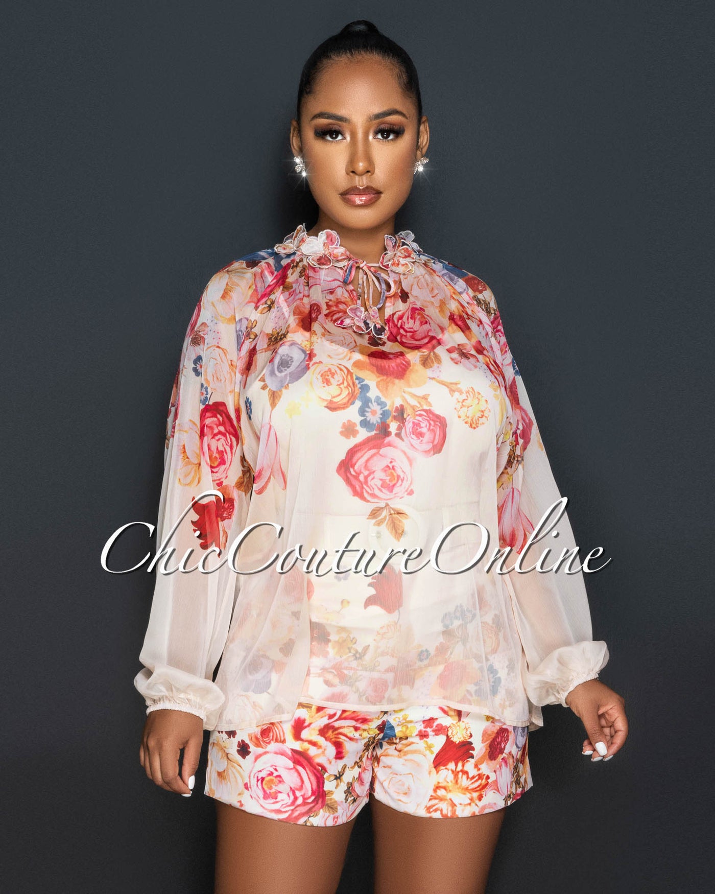 Nadira Salmon Print Sheer Shirt & Belted Mini Shorts Set