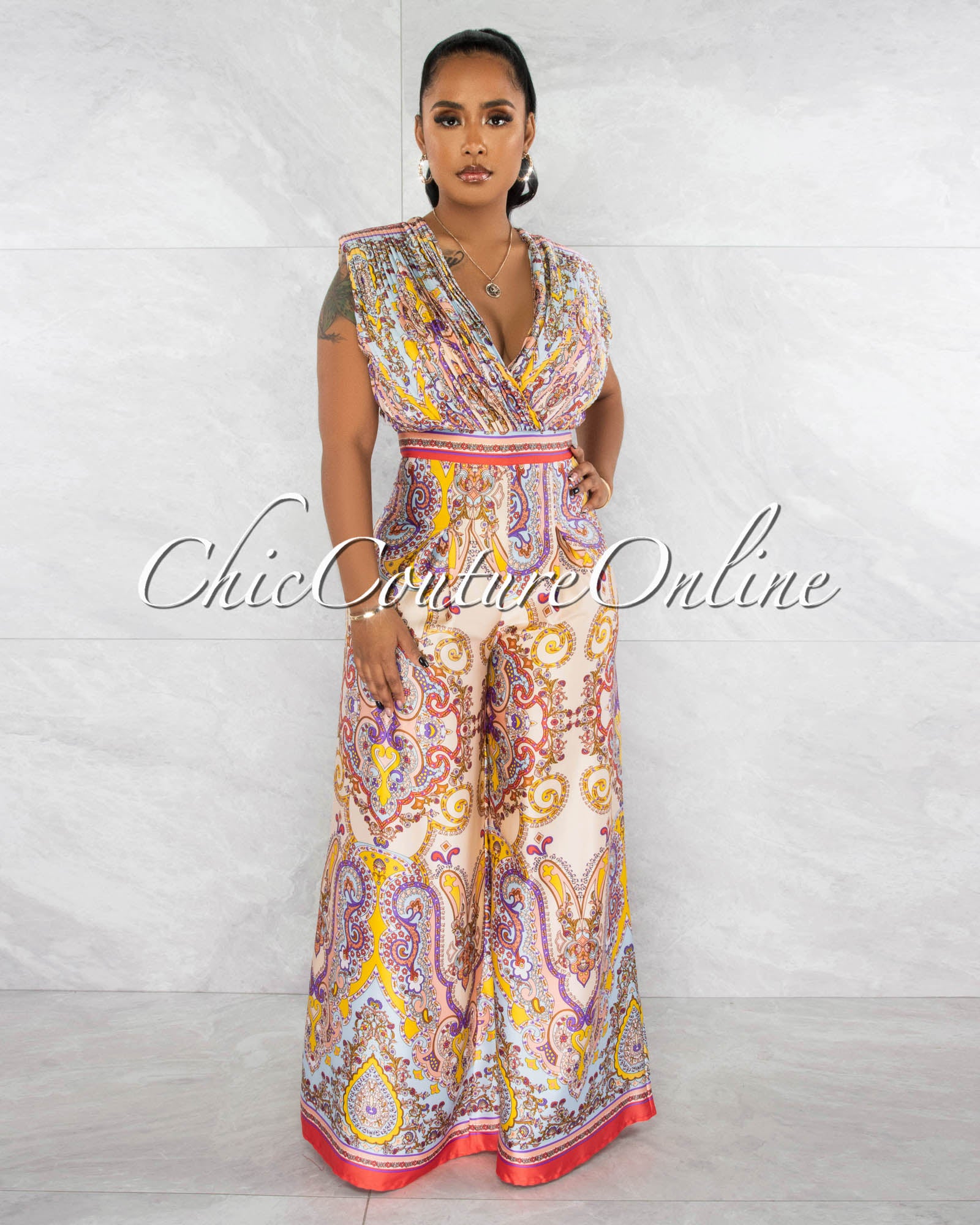 *Regia Nude Multi-Color Print Pleated Silky Jumpsuit