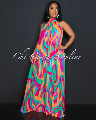 Rosemarie Multi-Color Print Halter Pleated Maxi Dress