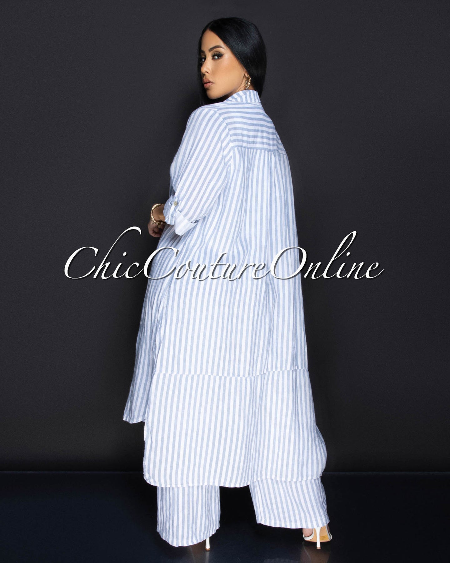 Dexina Blue White Front Buttons LINEN Maxi Dress