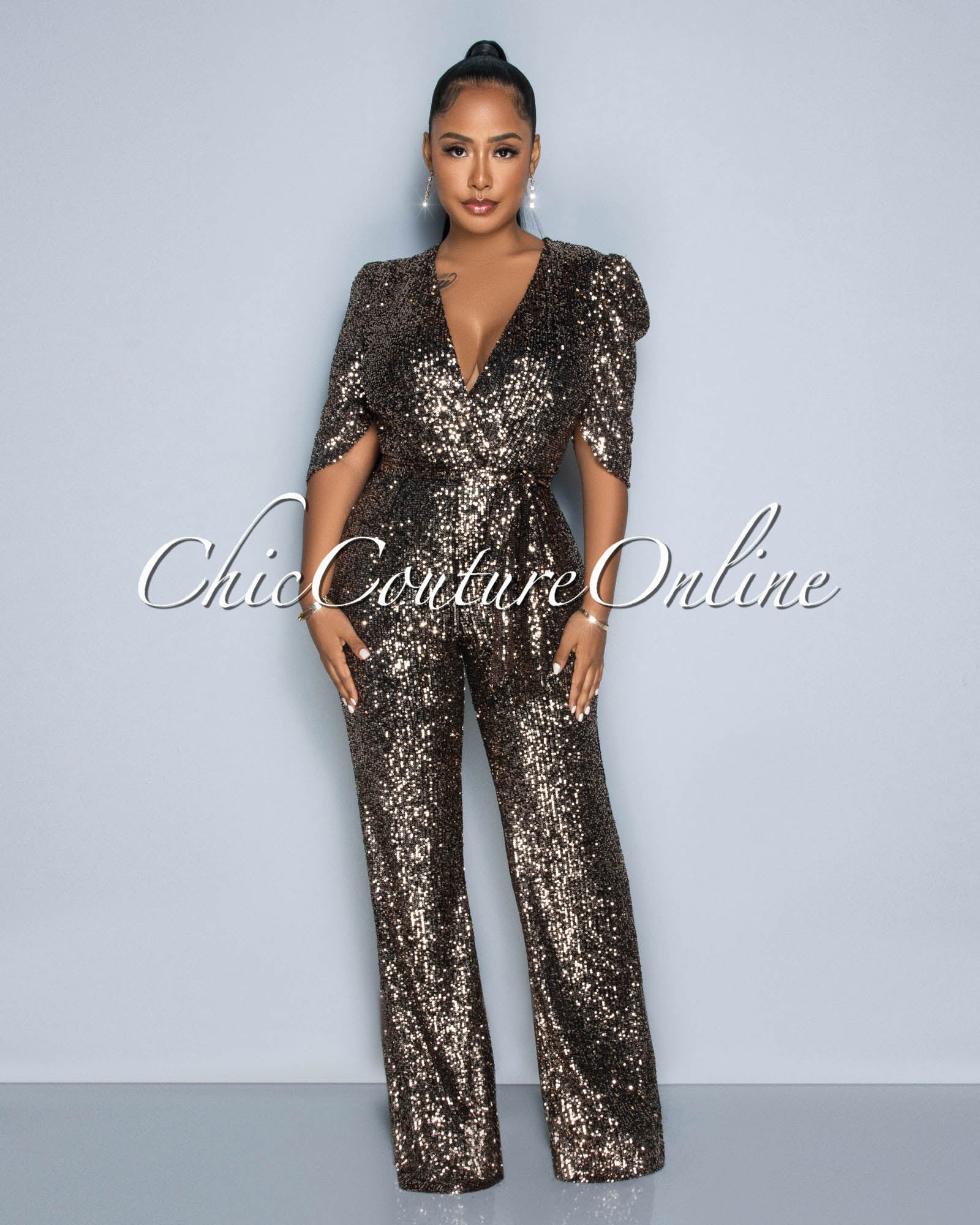 *Mellie Gold Black Sequins Bubble Sleeves Jumpsuit