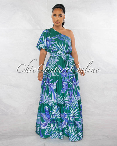 Gandie Green Blue Print Single Bubble Sleeve Maxi Dress