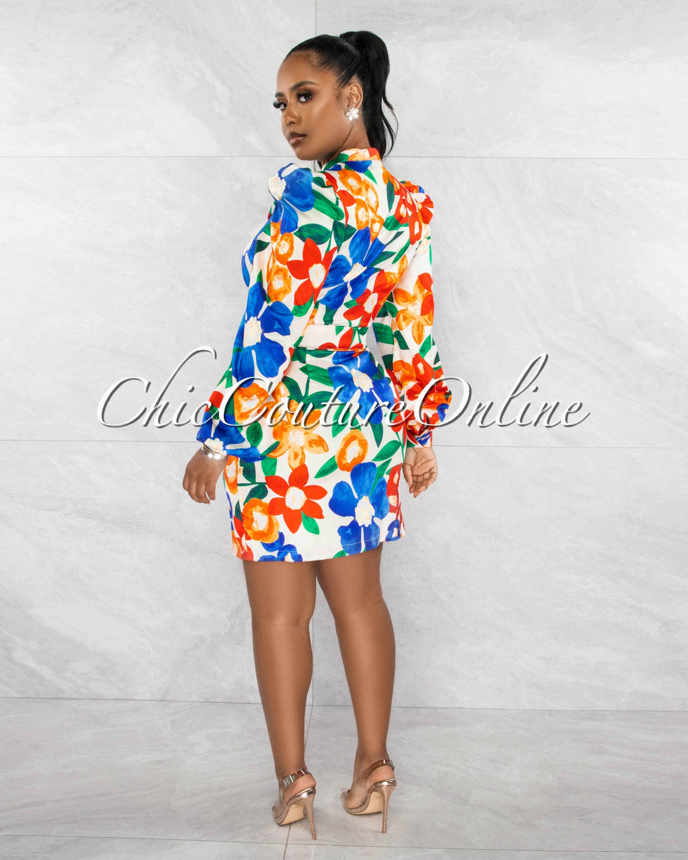 Jadden Cream Multi-Color Floral Print Buttoned Silky Shirt Dress