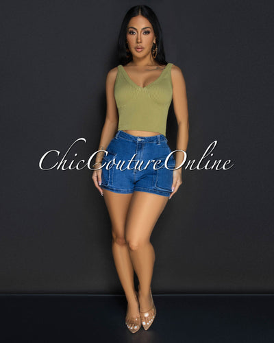 Lora Olive V Neck Ribbed Crop Top