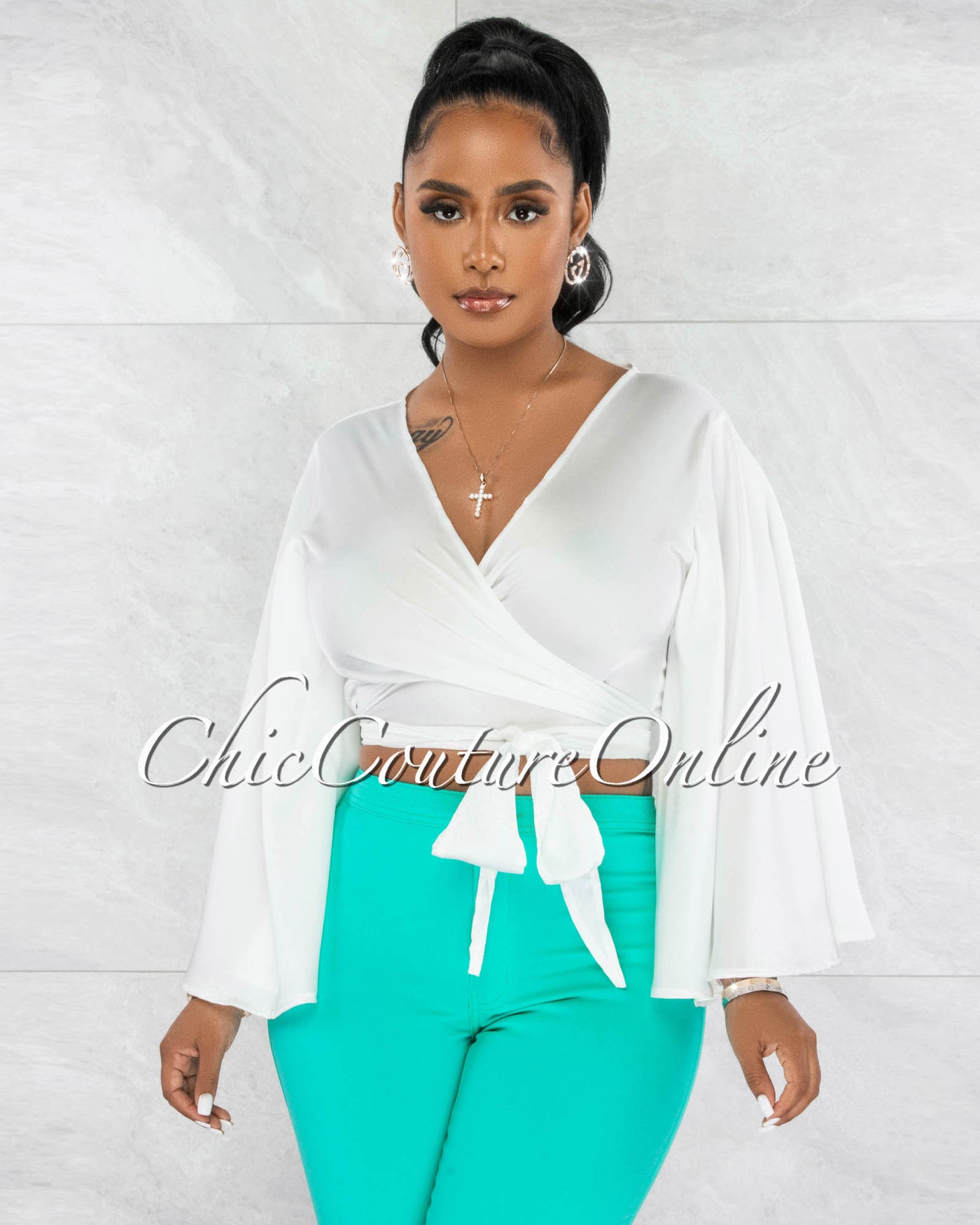 *Yancy White Wide Sleeves Silky Blouse