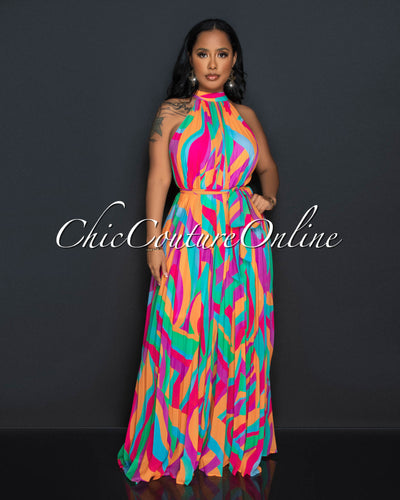 Rosemarie Multi-Color Print Halter Pleated Maxi Dress