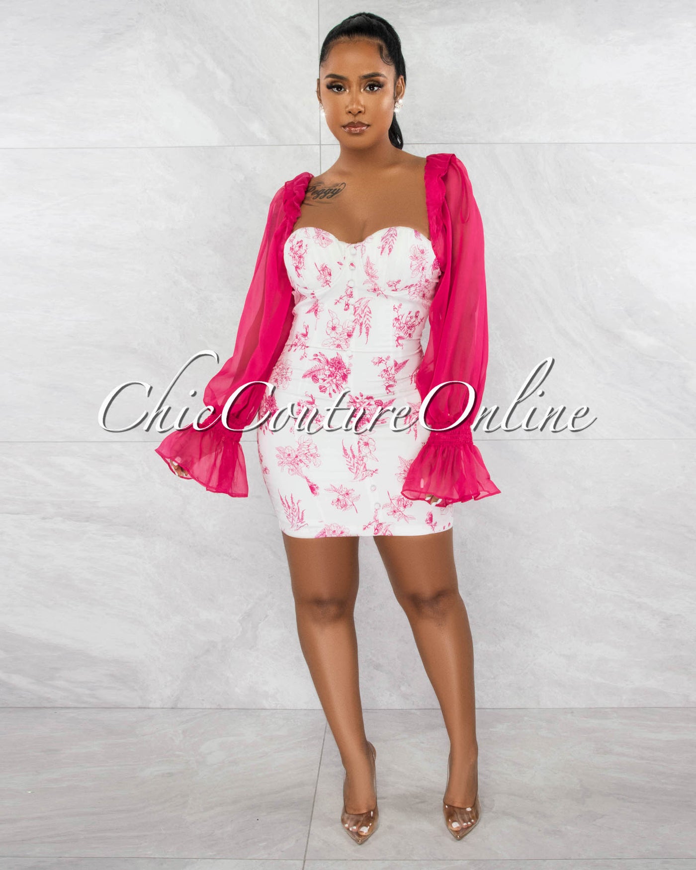 *Gerrie White Fuchsia Floral Print Bubble Sleeves Mini Dress