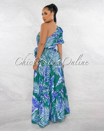Gandie Green Blue Print Single Bubble Sleeve Maxi Dress