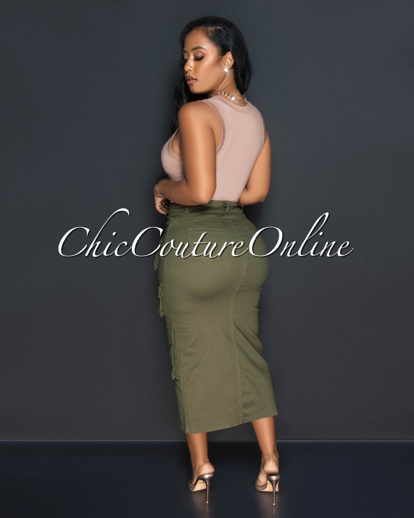 Carine Olive Green Front Slit Maxi Cargo Skirt