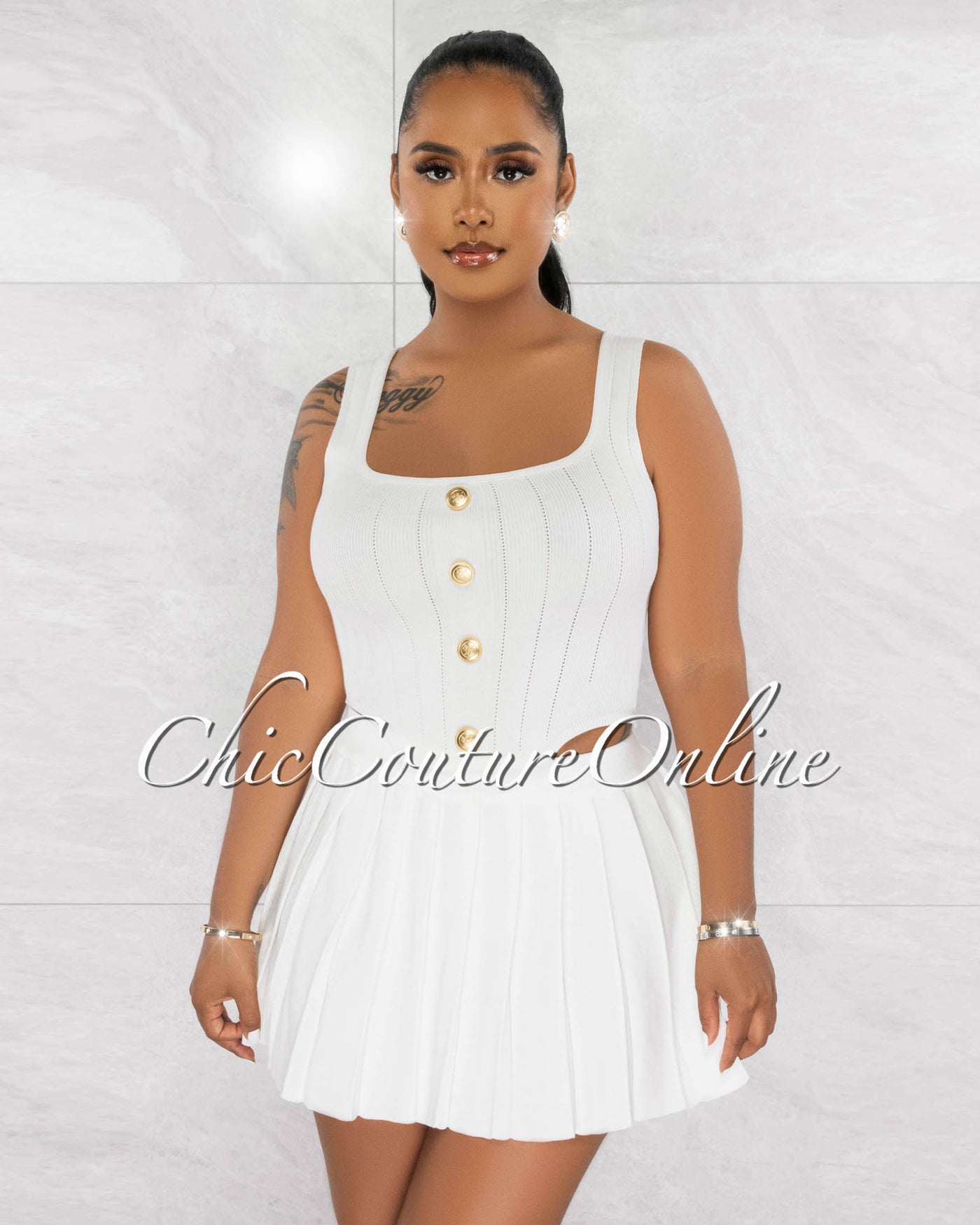 Gidney Off-White Gold Buttons Top & Mini Pleated Skirt Knit Set