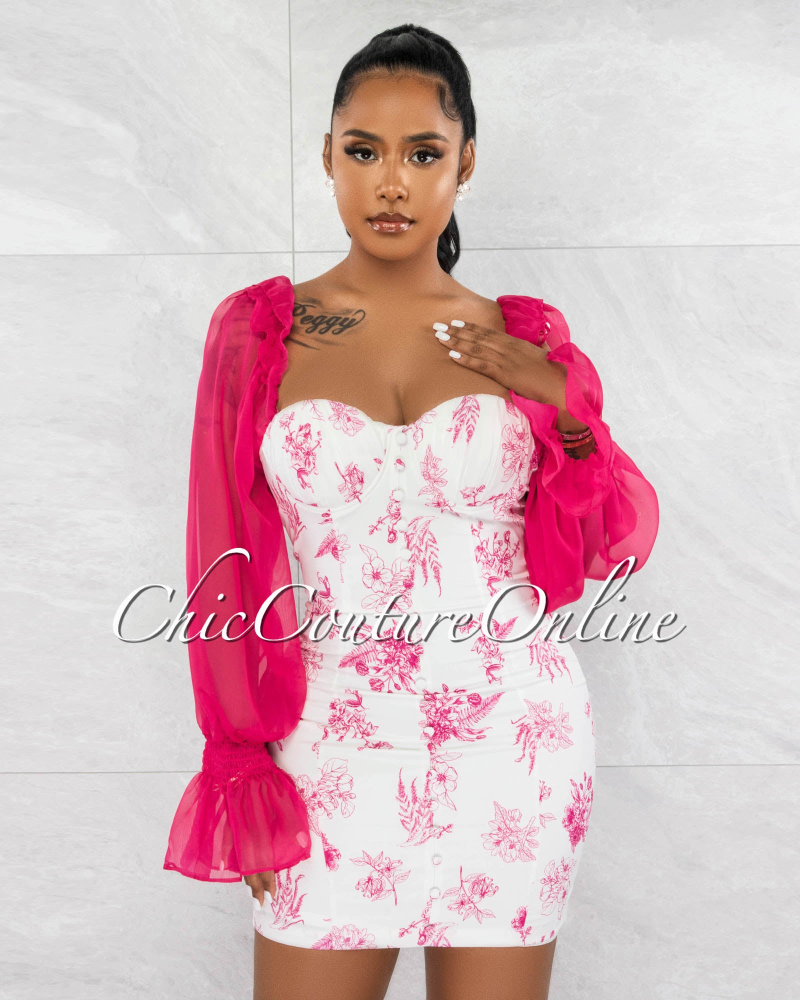 *Gerrie White Fuchsia Floral Print Bubble Sleeves Mini Dress