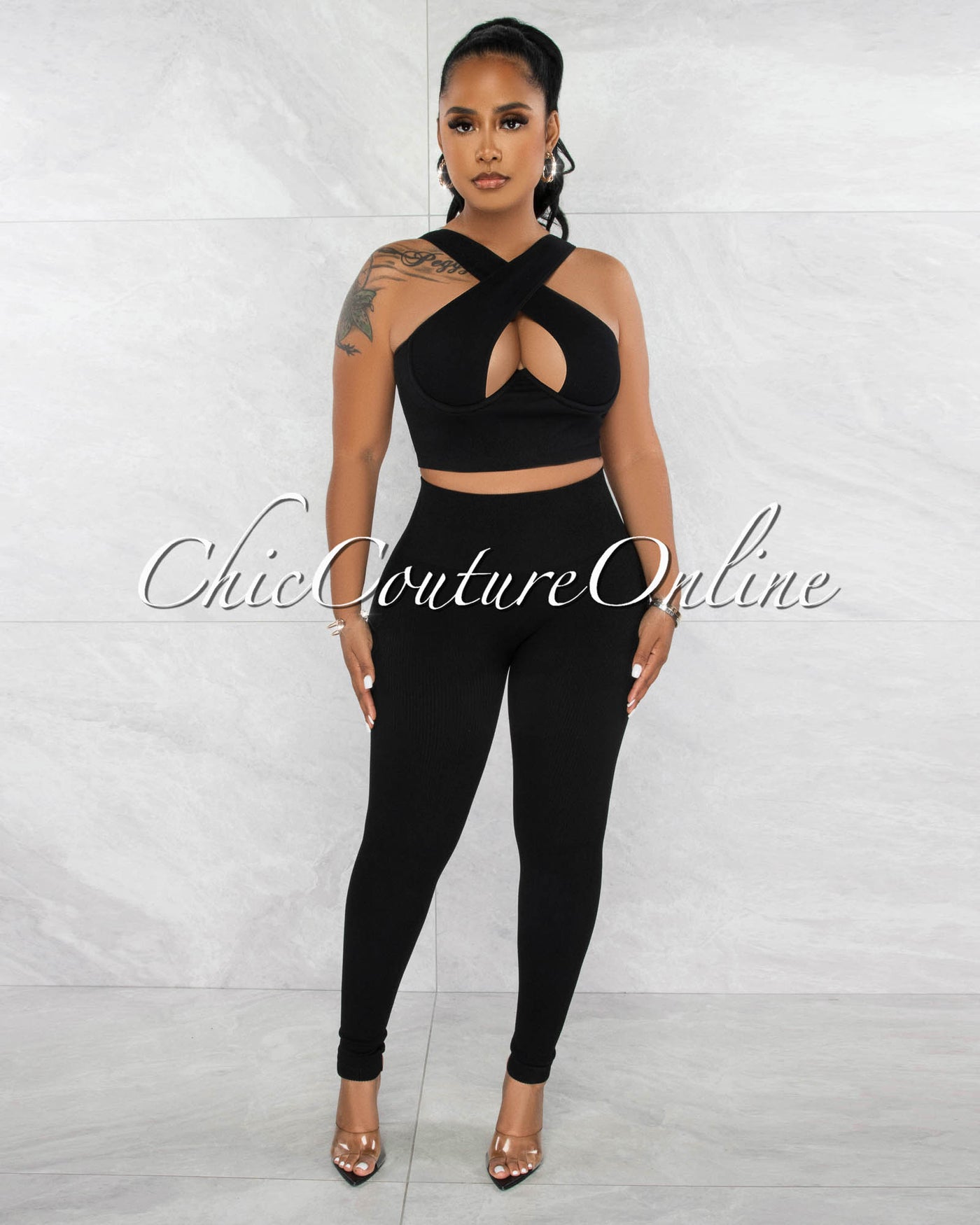 *Parice Black Cut-Out Bust Top & Leggings Sculpting Set (9/11)