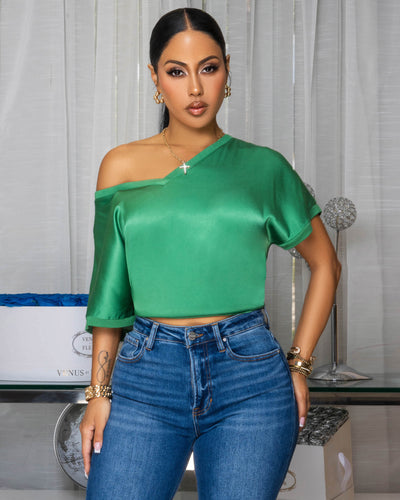 Sannela Forrest Green Silky V-Neckline Top