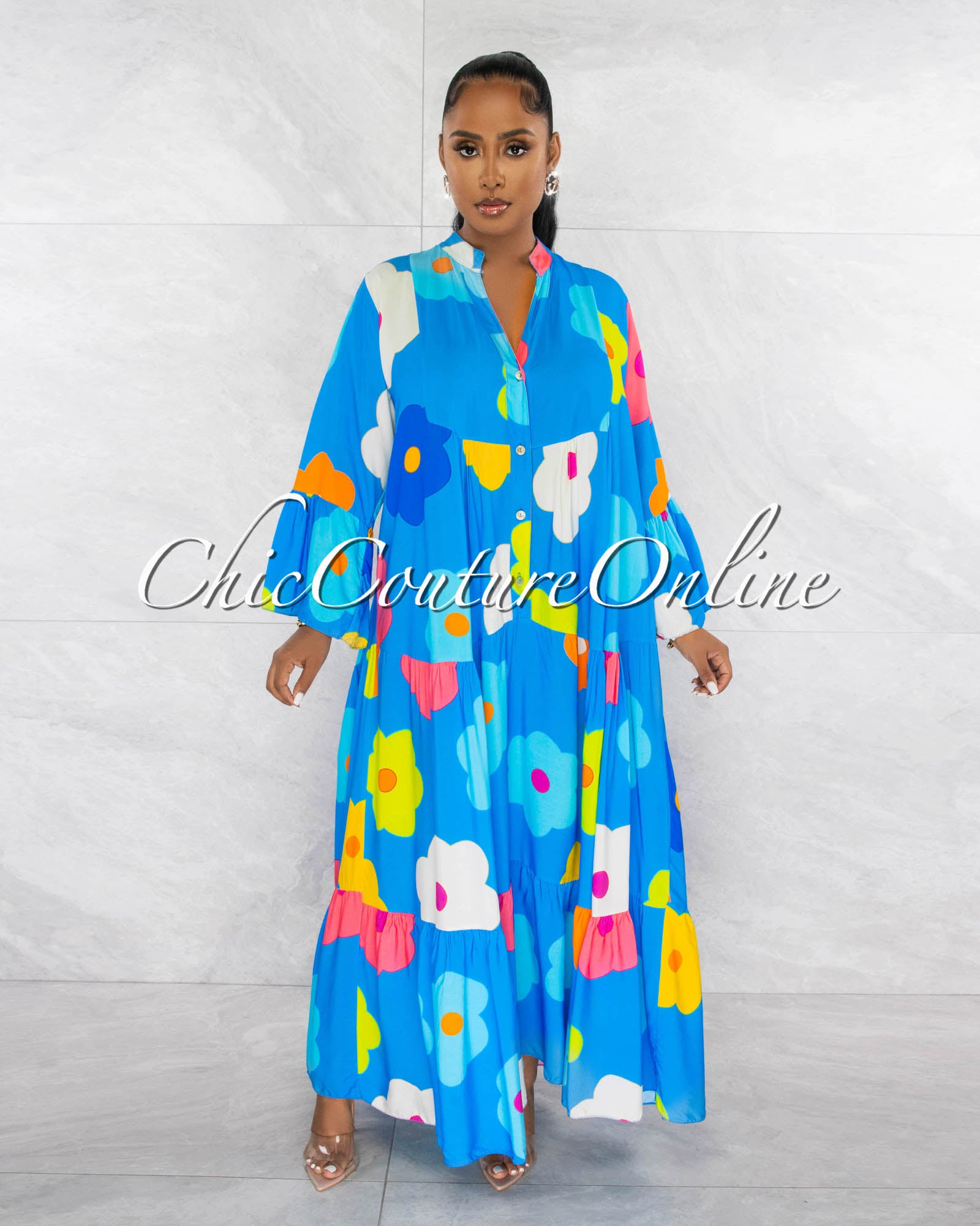 Gason Multi-Color Floral Print Ruffle Hem Maxi Dress