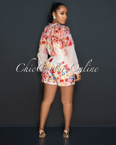 Nadira Salmon Print Sheer Shirt & Belted Mini Shorts Set