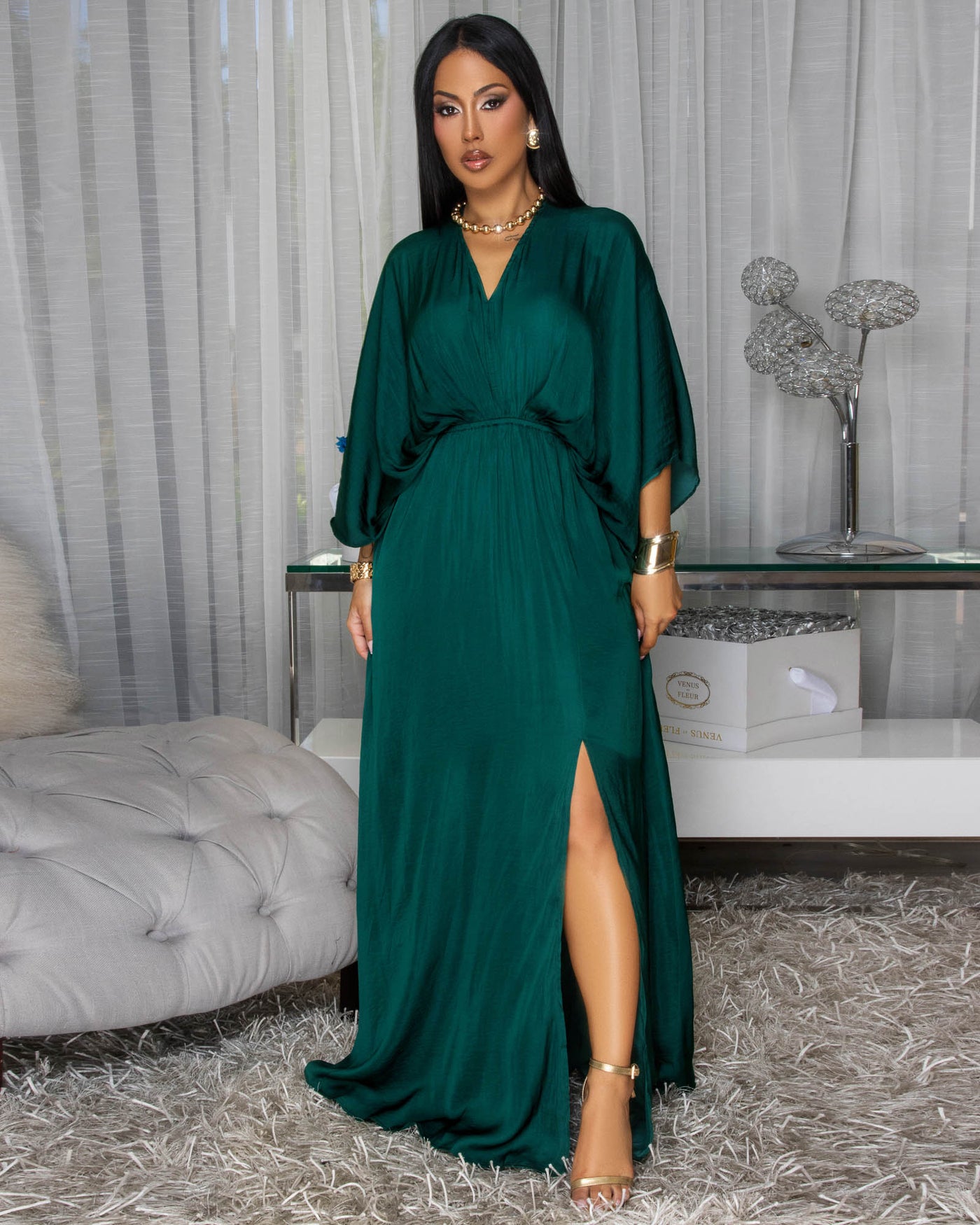 Tyra Forrest Green Silky Maxi Dress