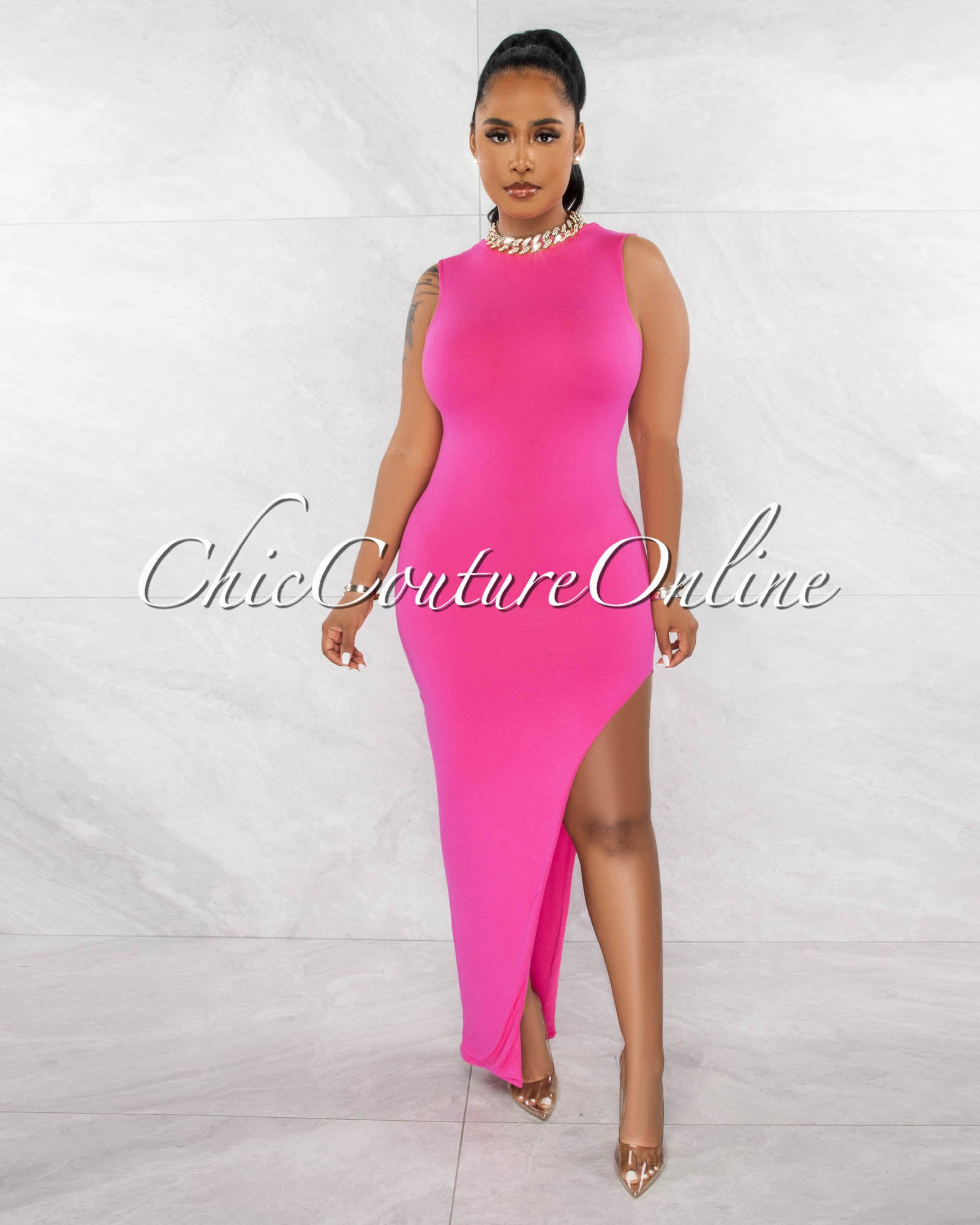 *Annie Fuchsia High Leg Slit Double Lined Maxi Dress