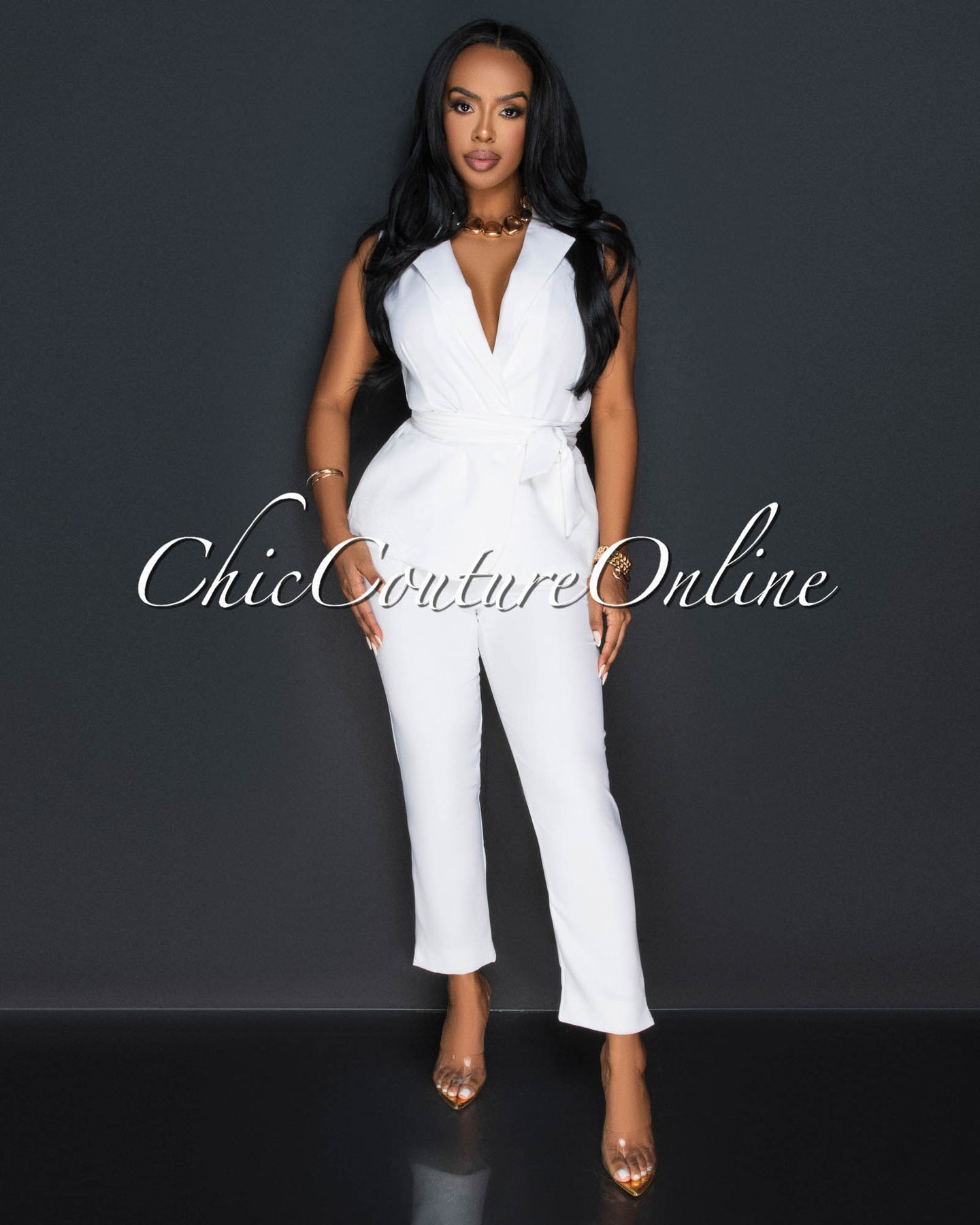 *Jaxine Off-White Self Tie Vest & Slim Legs Pants Set