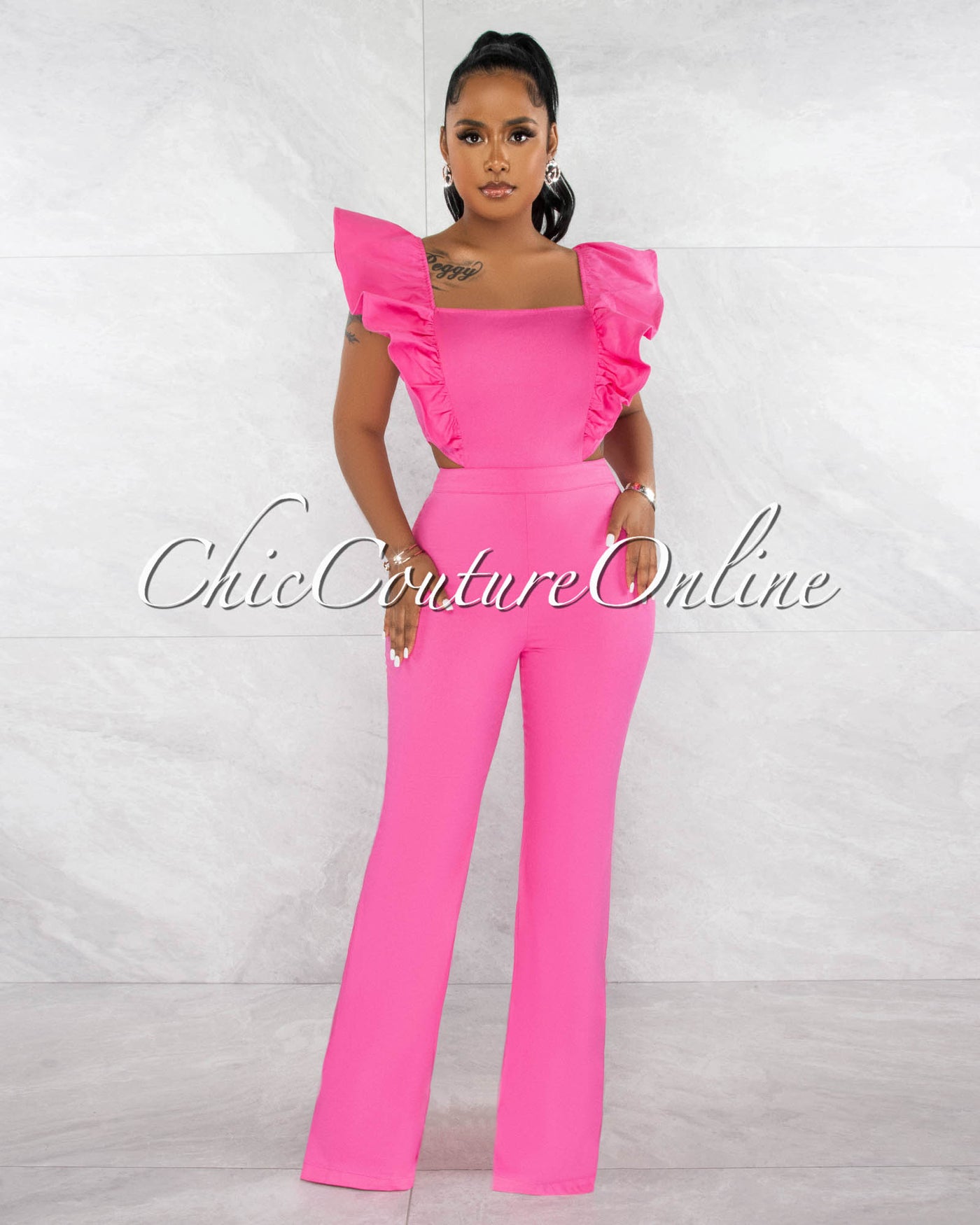 Nori Pink Ruffle Cut-Out Denim Jumpsuit