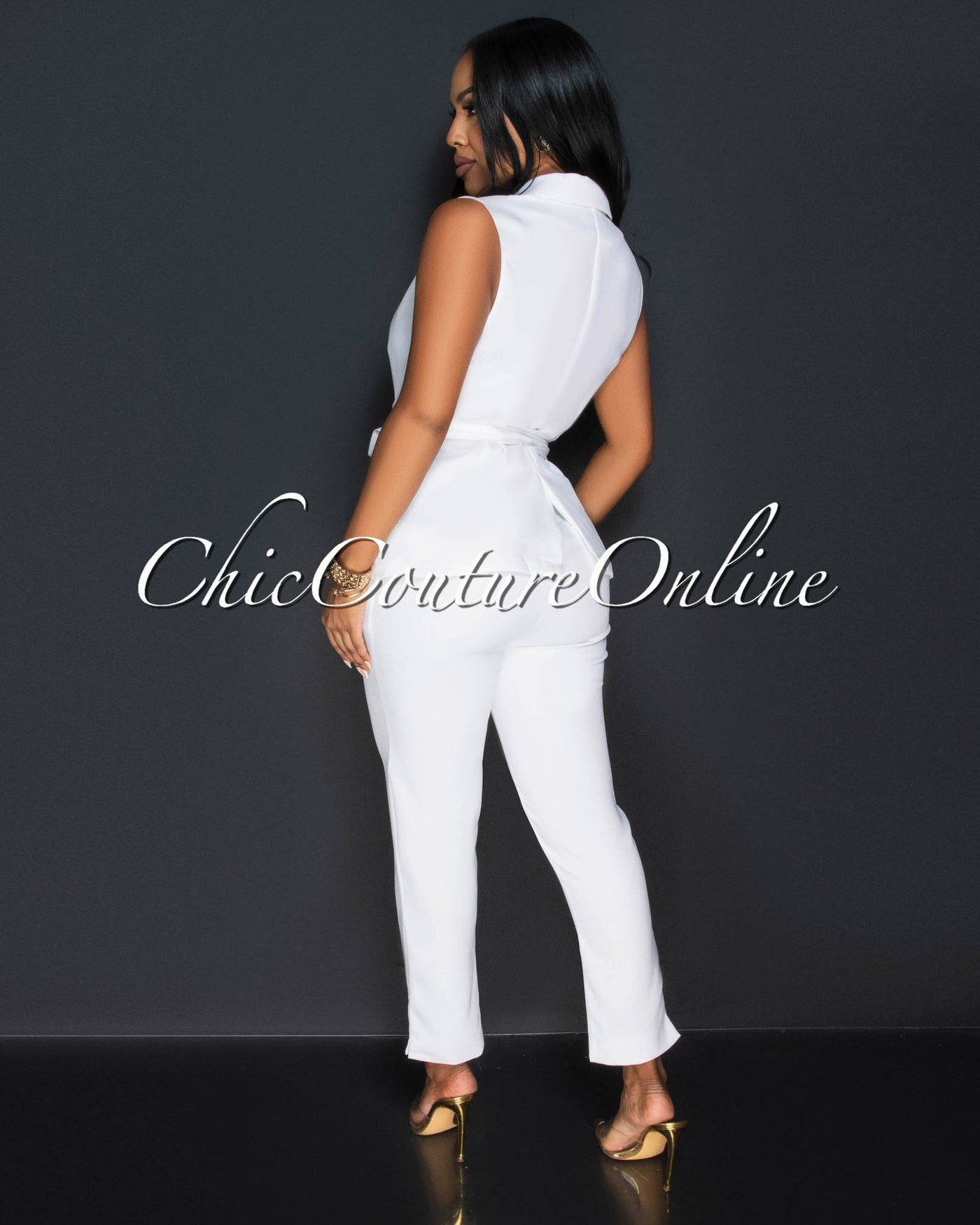 Jaxine Off-White Self Tie Vest & Slim Legs Pants Set
