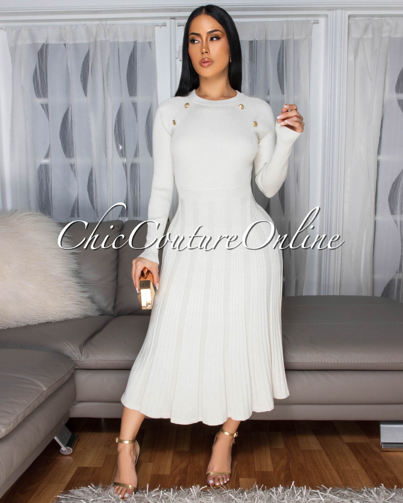 Nicia Ivory Gold Buttons Knit Midi Dress