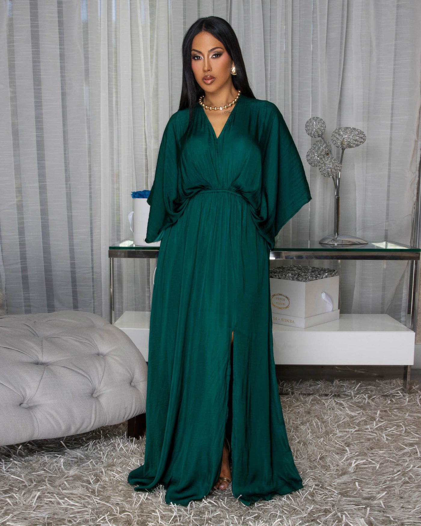 Tyra Forrest Green Silky Maxi Dress