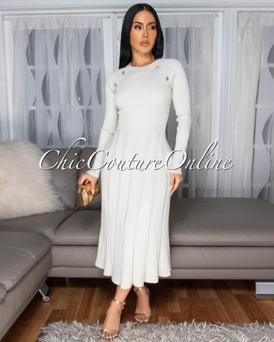 Nicia Ivory Gold Buttons Knit Midi Dress