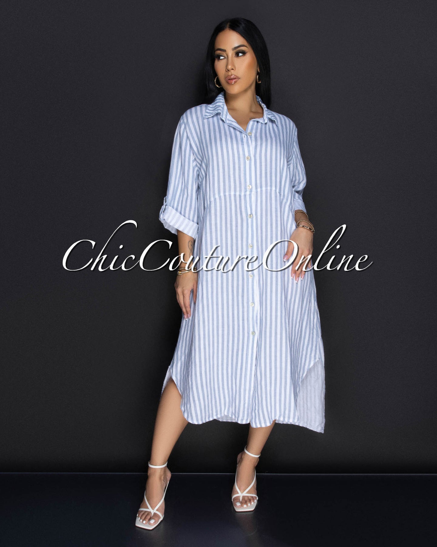 Dexina Blue White Front Buttons LINEN Maxi Dress