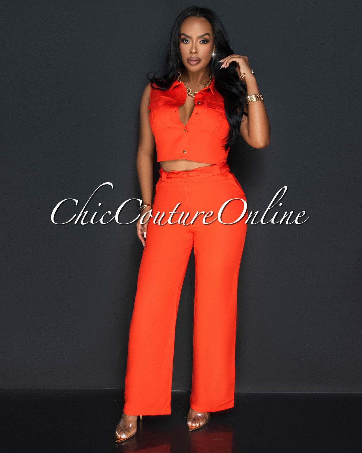 *Koa Orange Sleeveless Cargo Top & Wide Legs Pants Set