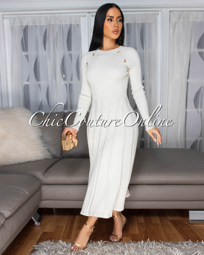 Nicia Ivory Gold Buttons Knit Midi Dress