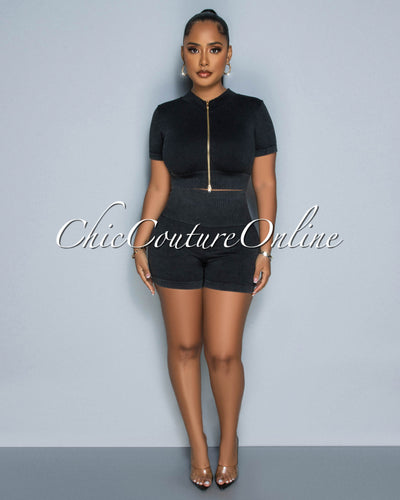 Farris Black Gold Zipper Ribbed Crop Top & Ruched Shorts Set