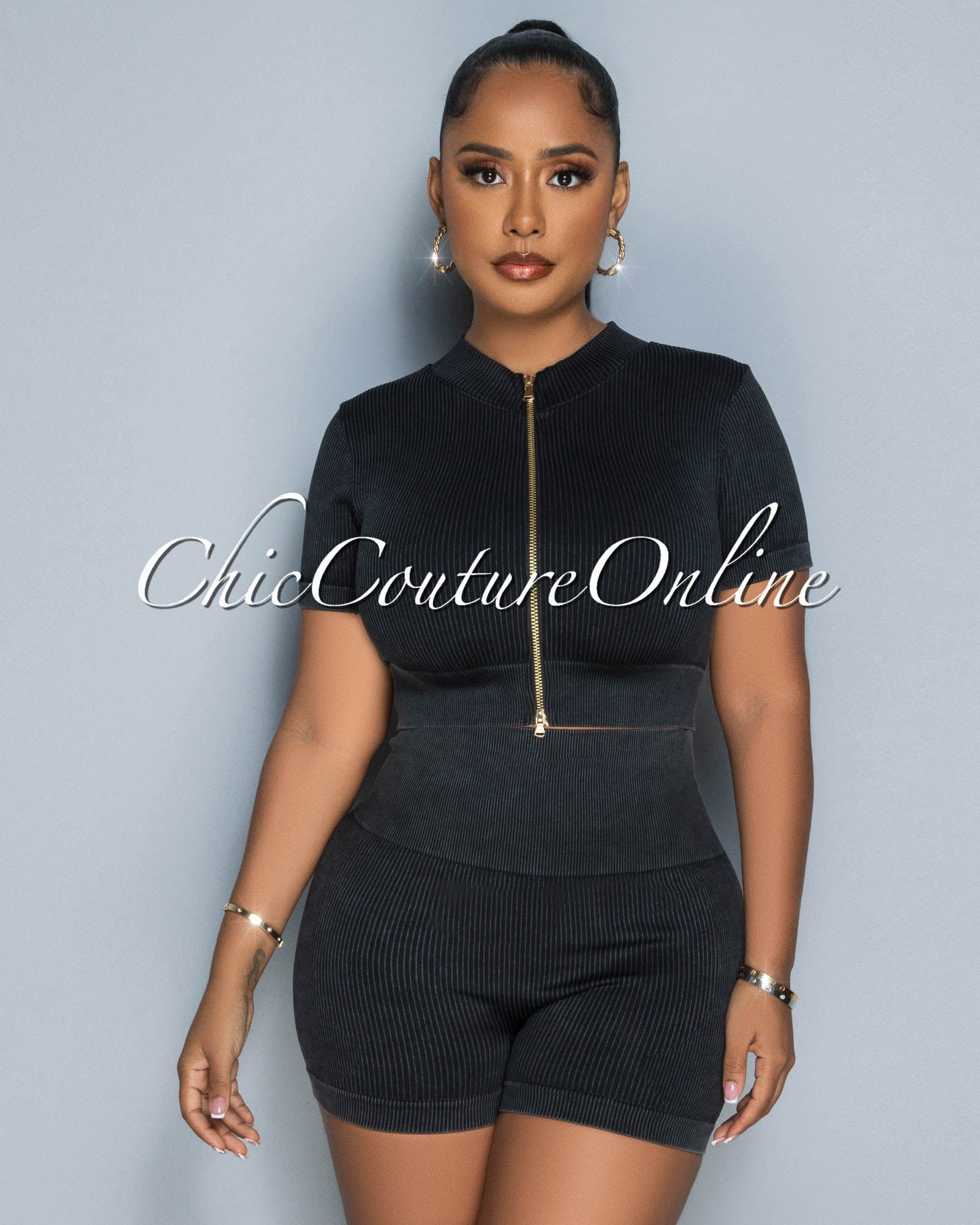 *Farris Black Gold Zipper Ribbed Crop Top & Ruched Shorts Set