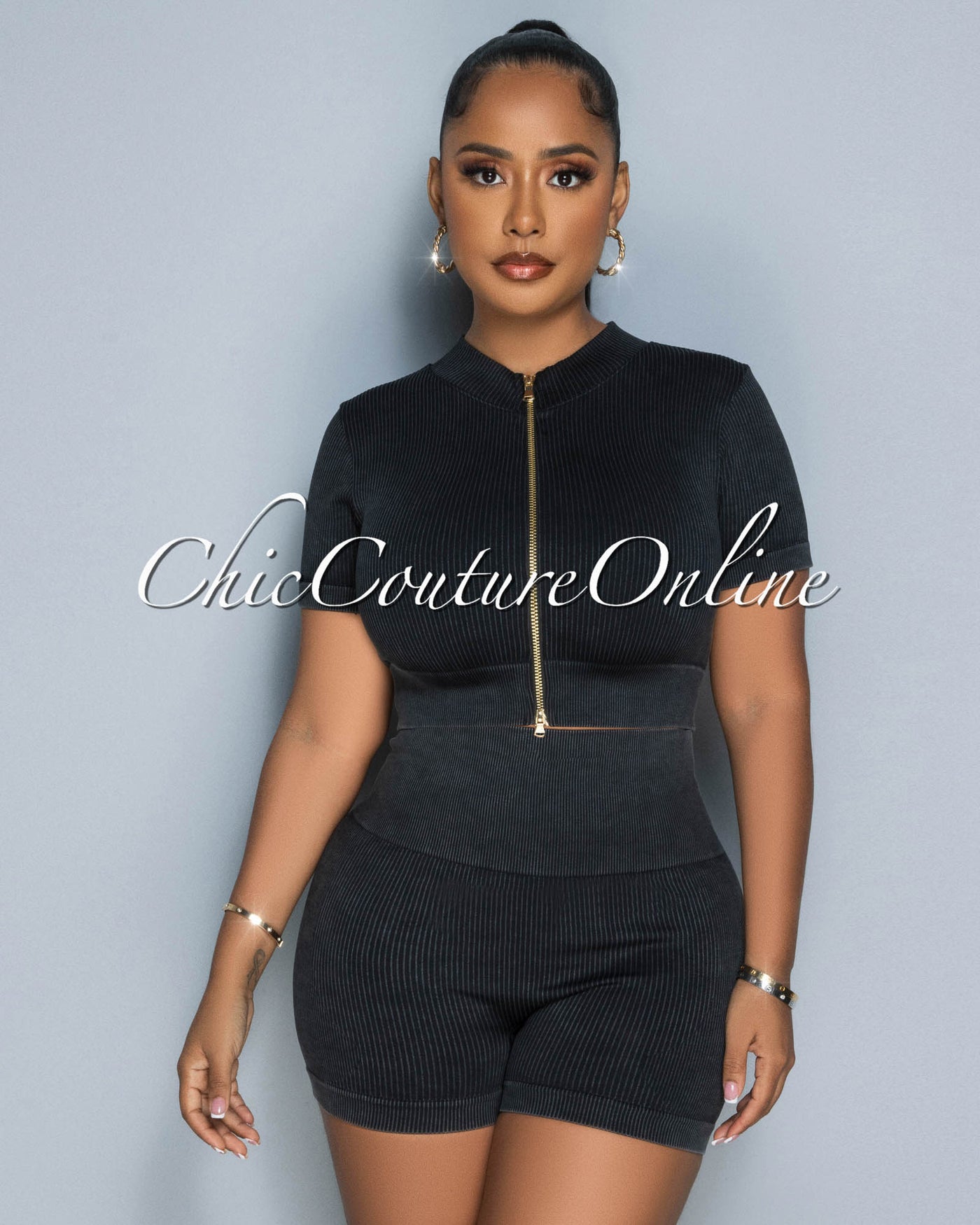 Farris Black Gold Zipper Ribbed Crop Top & Ruched Shorts Set