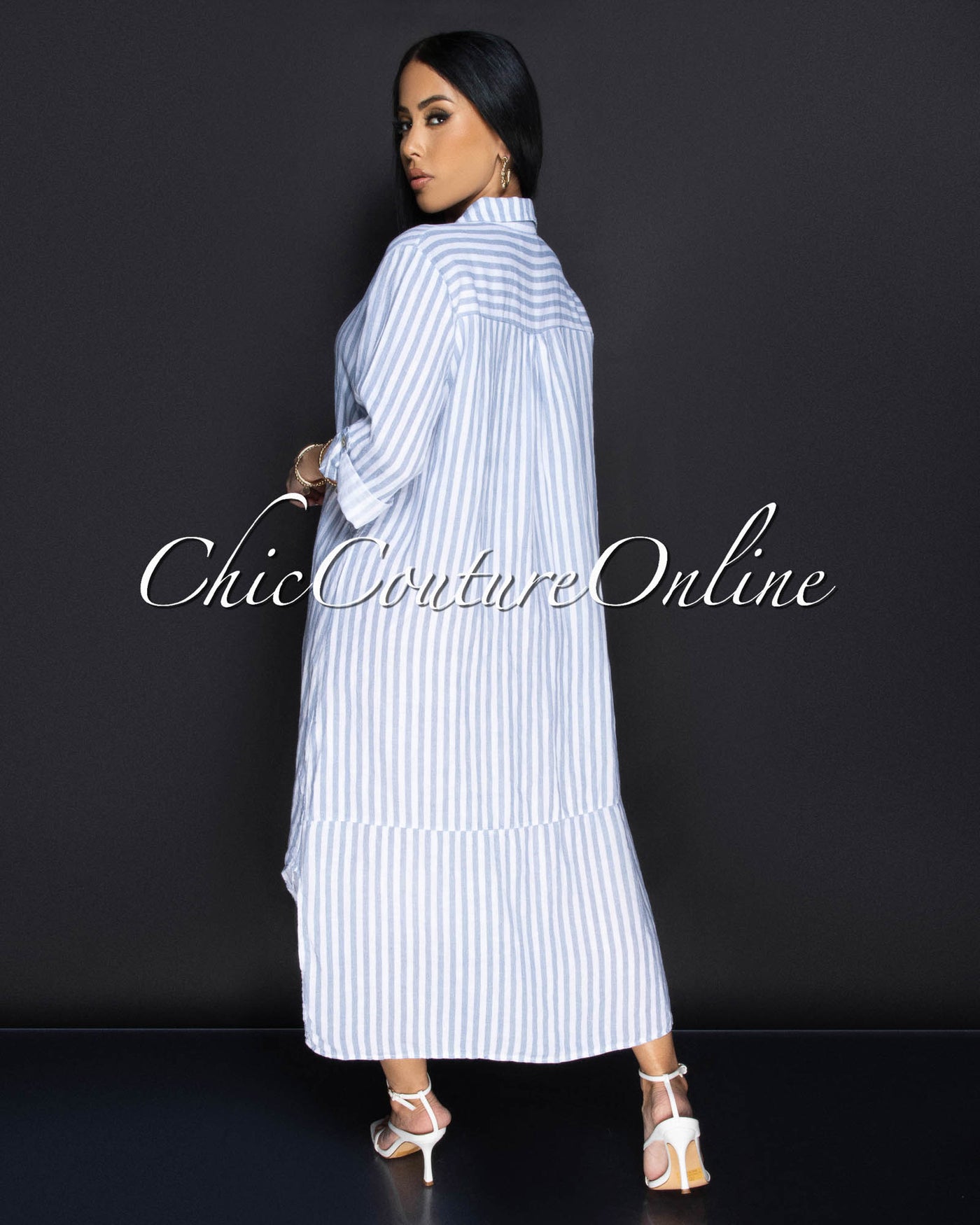 Dexina Blue White Front Buttons LINEN Maxi Dress