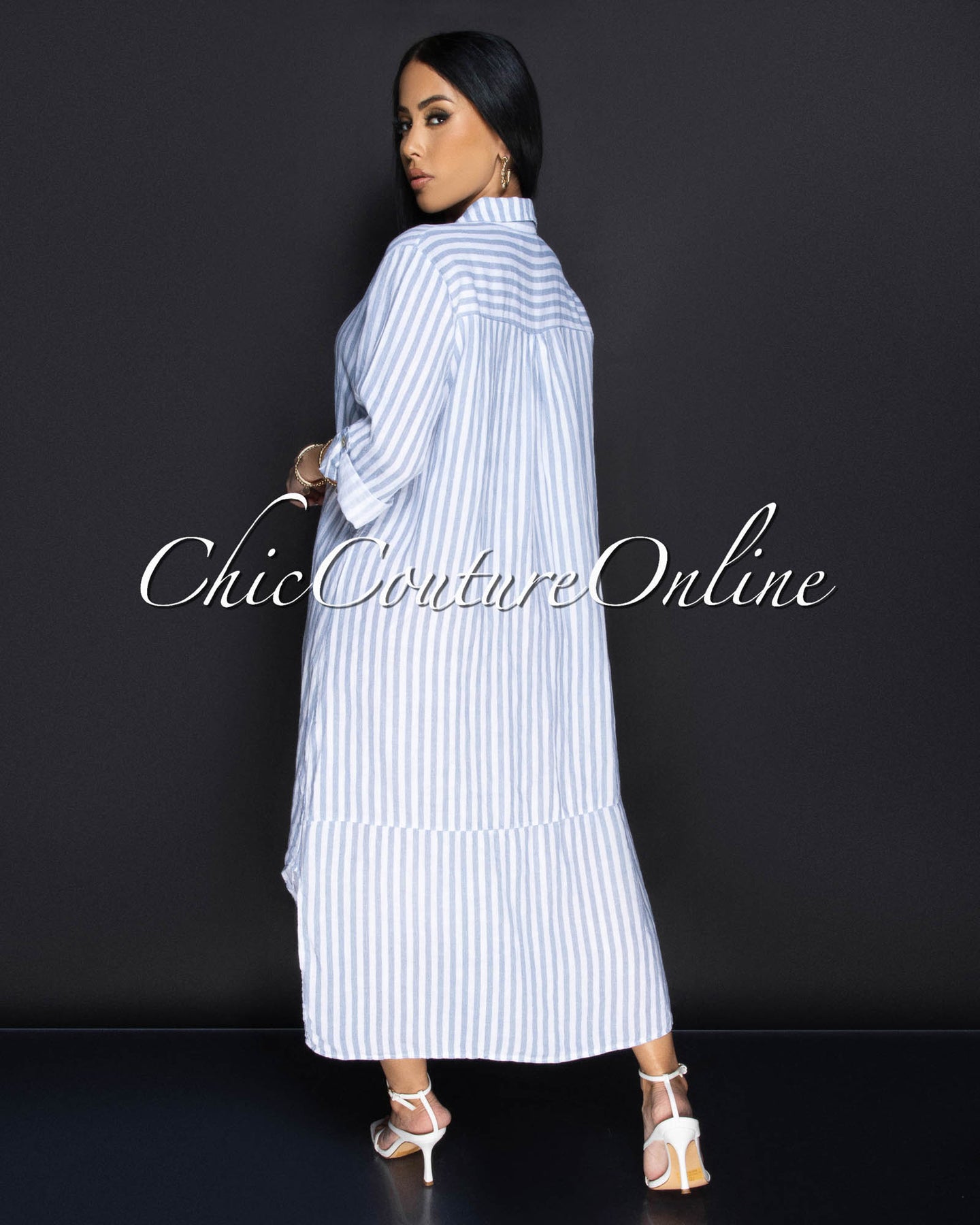 Dexina Blue White Front Buttons LINEN Maxi Dress
