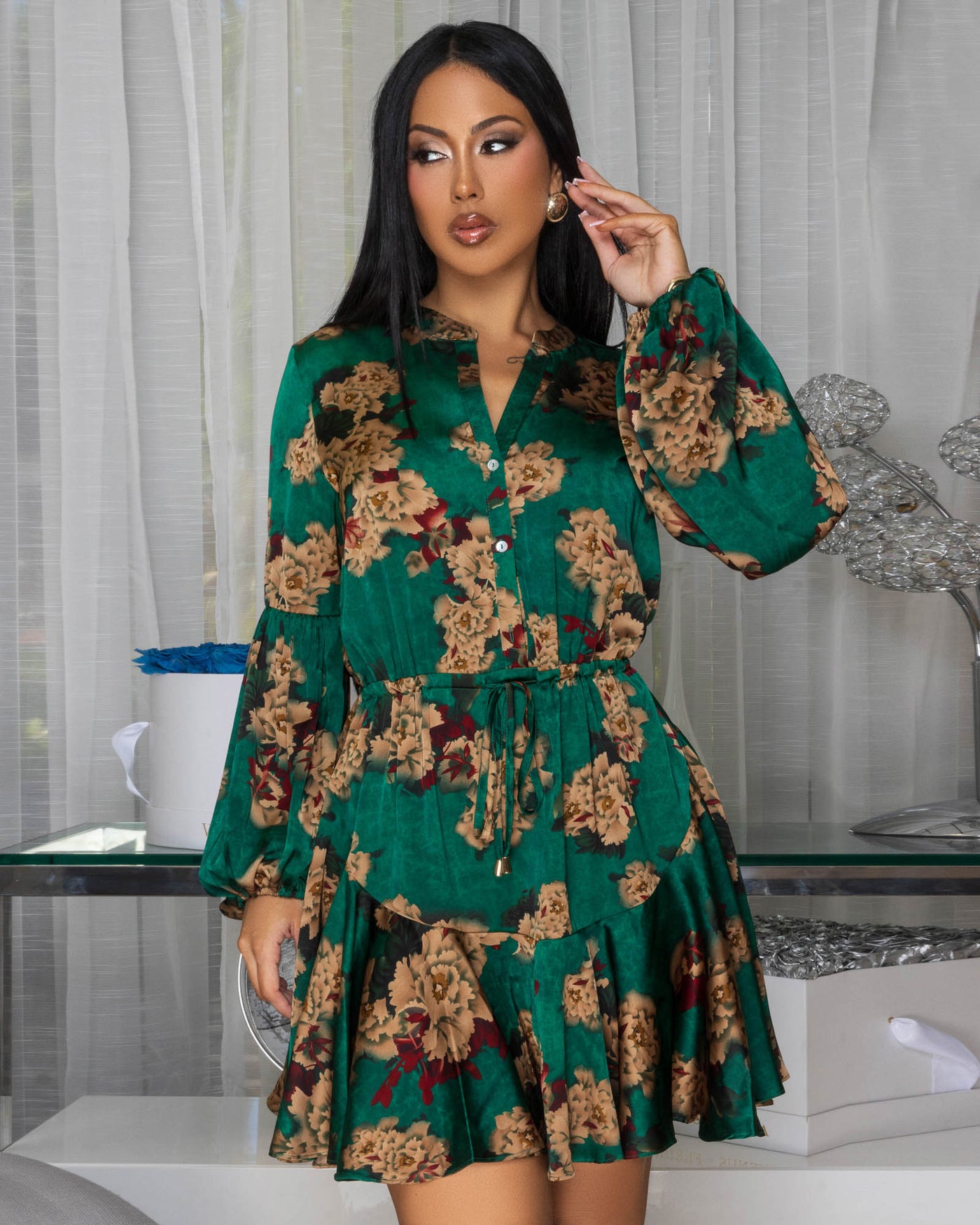 Renae Green Gold Floral Print Silkyi Dress