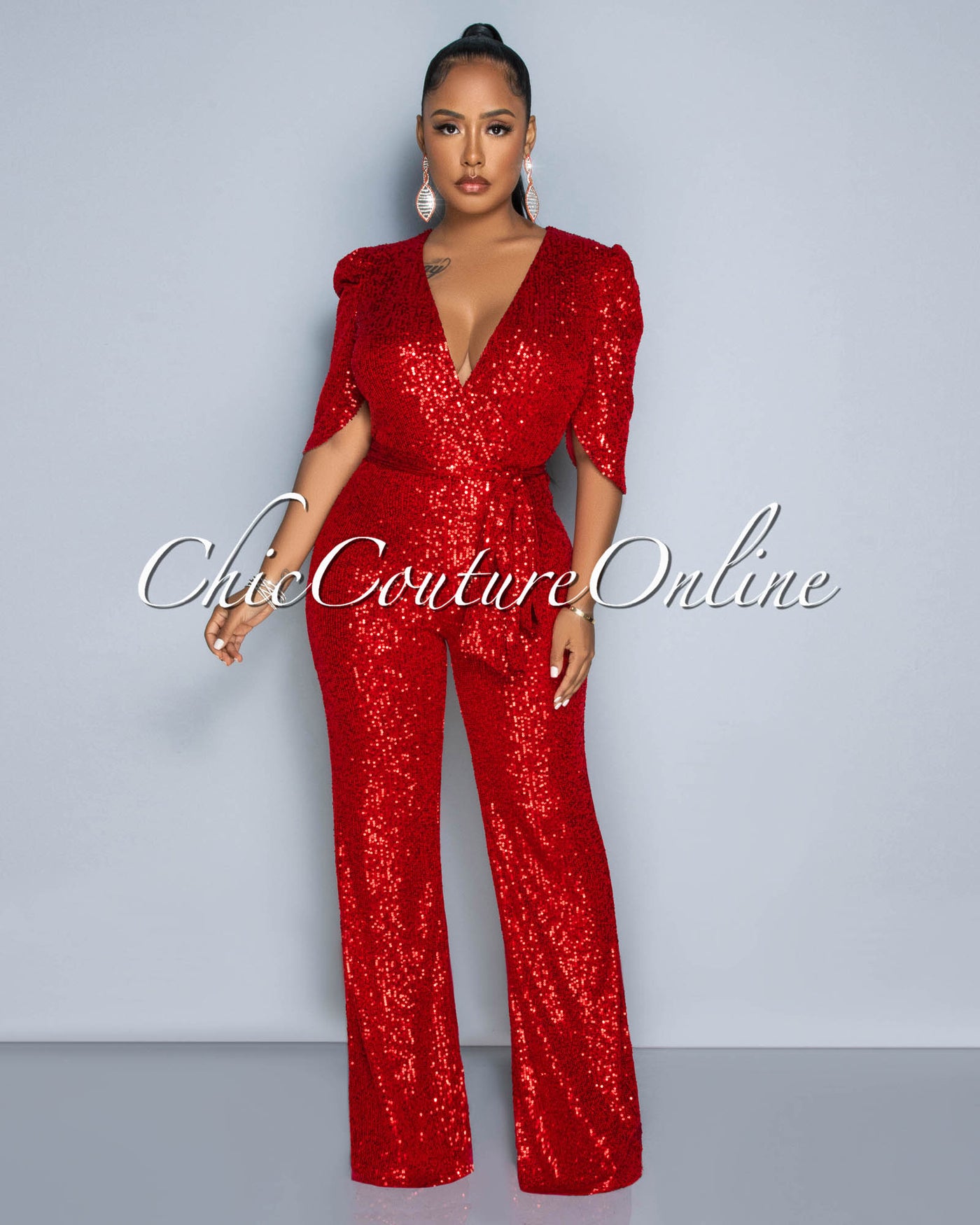 Mellie Red Sequins Bubble Sleeves Jumpsuit