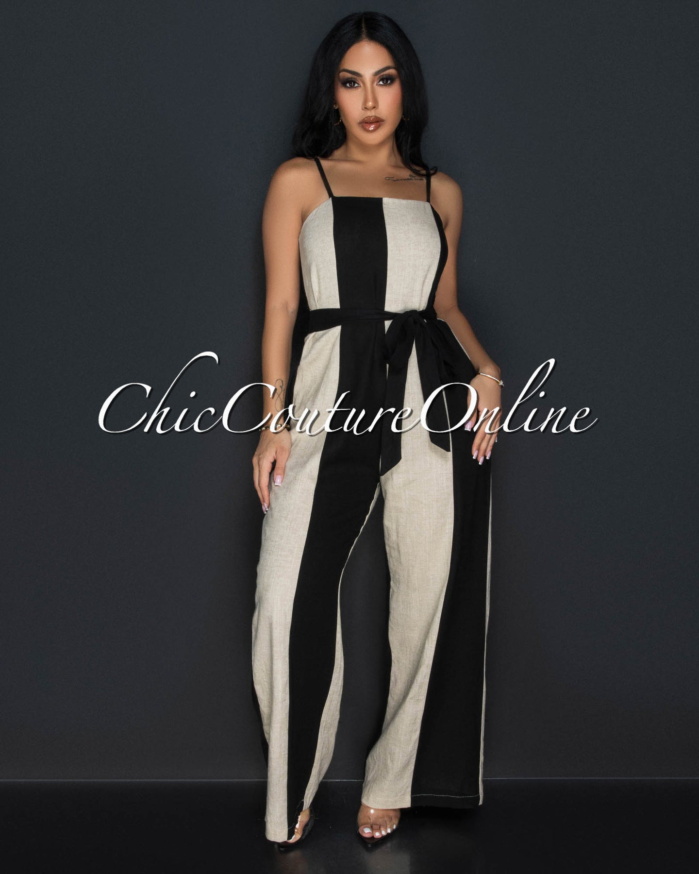 Kea Black Khaki Spaghetti Strap Widelegs Linen Jumpsuit