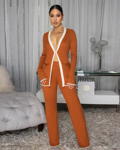 India Rust Orange White Trim Knit Pants Set