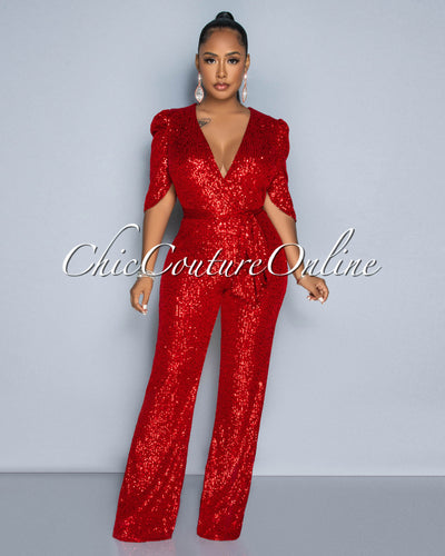 Mellie Red Sequins Bubble Sleeves Jumpsuit
