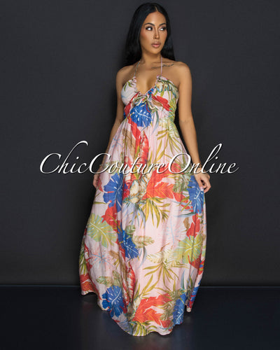 Tomiko Pink Multi Floral Halter Maxi Dress