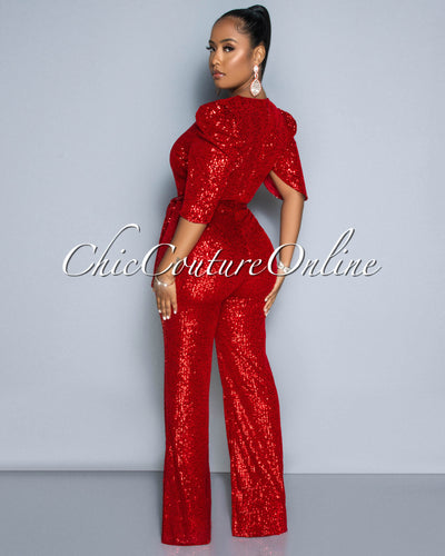 Mellie Red Sequins Bubble Sleeves Jumpsuit